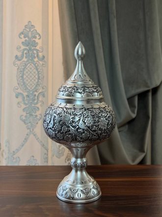 گز خوری قلمزنی 25 آبکاری نقره گل و مرغ سیاه قلم اعلا